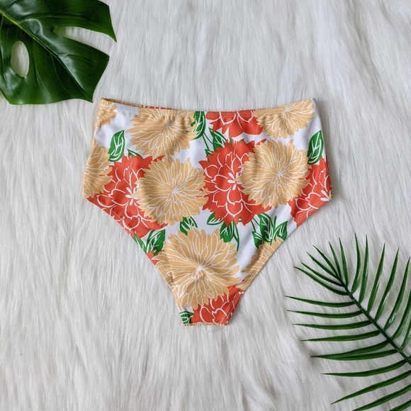 Orange white and green floral print high waist bikini bottom size S M L - Picture 4 of 5